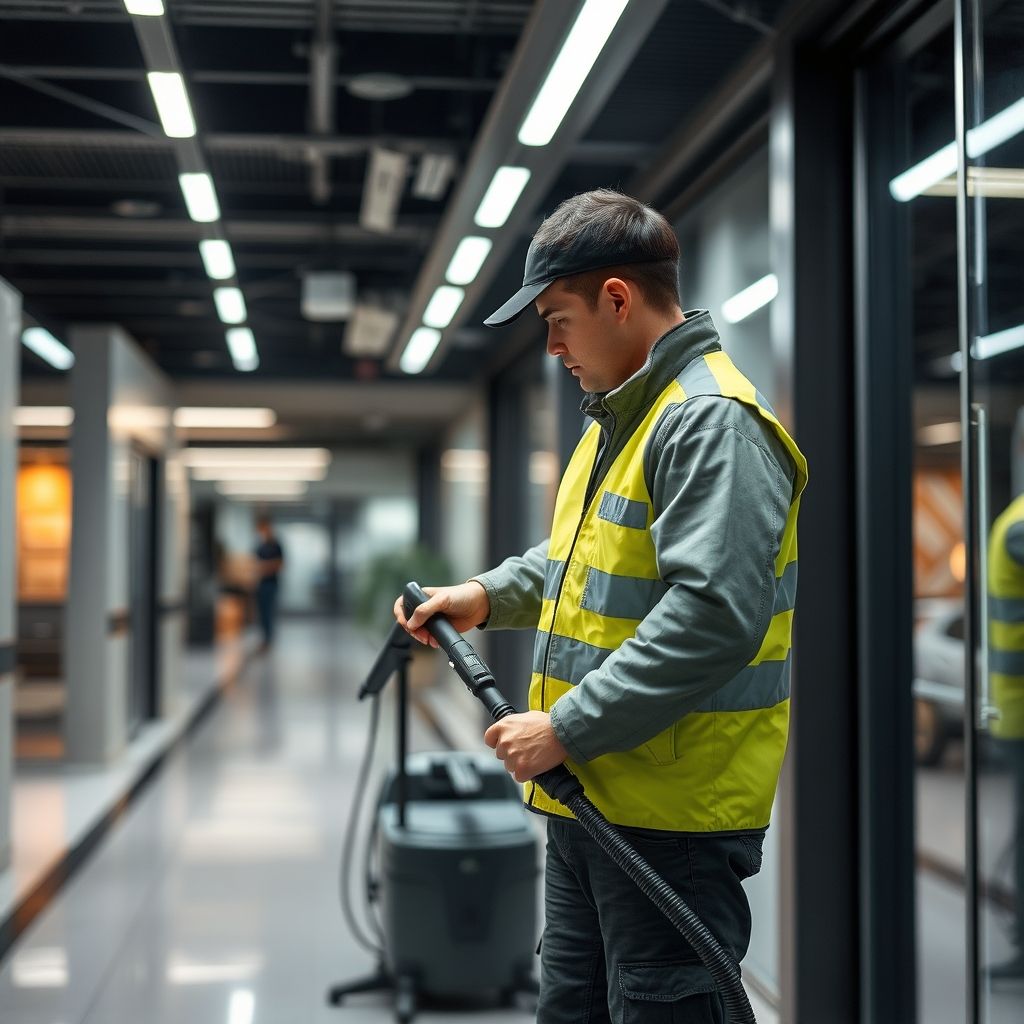 Un technicien effectue un nettoyage vapeur dans un espace de travail moderne, mettant en avant la qualité et le professionnalisme de nos services.