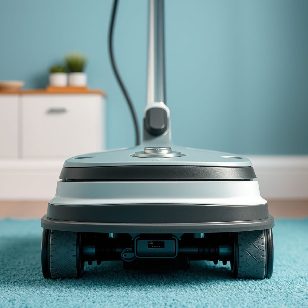 Une prise de vue rapprochée montre une machine de nettoyage moderne en action sur un tapis turquoise, aspirant la saleté avec efficacité dans un cadre domestique chaleureux.