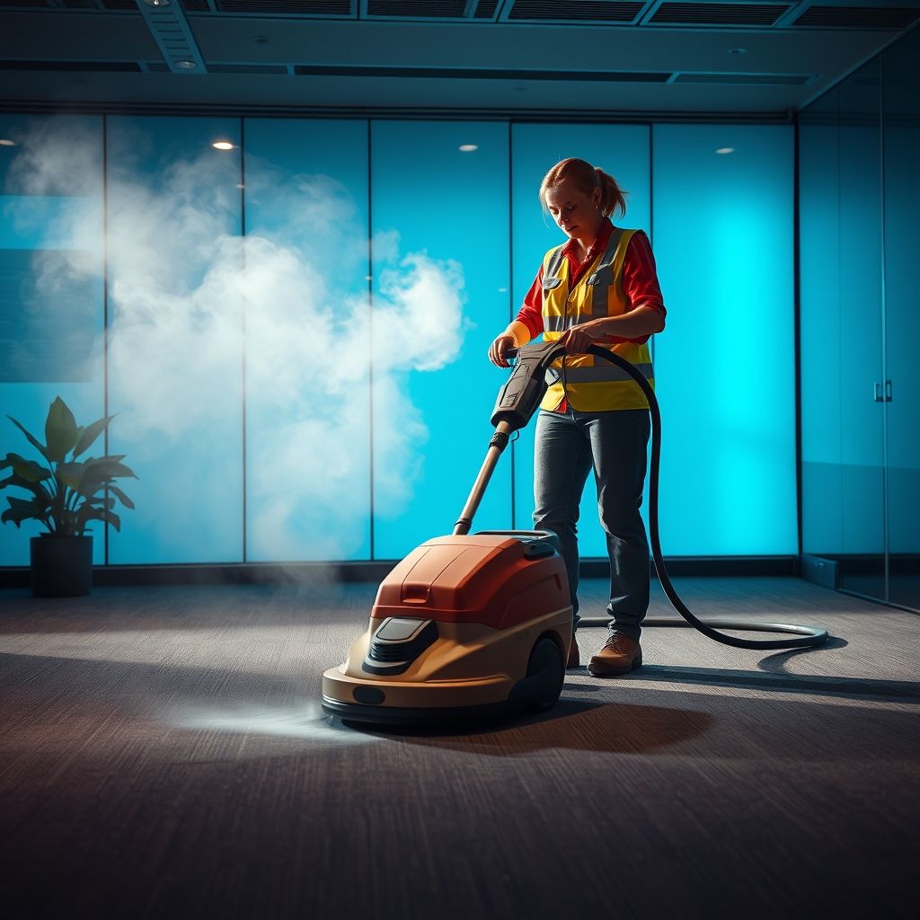 Dans un bureau lumineux, une personne en tenue de travail opère une machine de nettoyage professionnelle sur un sol textile. La vapeur s'élève dans l'air, illustrant un nettoyage en profondeur. L'environnement moderne et soigné reflète notre engagement pour la qualité et le respect des espaces.