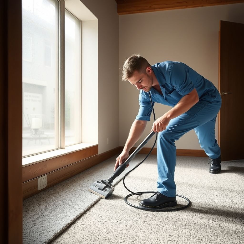 Un professionnel en tenue bleue nettoie un tapis texturé à l'aide d'un outil spécialisé dans un intérieur bien éclairé, illustrant le soin apporté à chaque intervention.