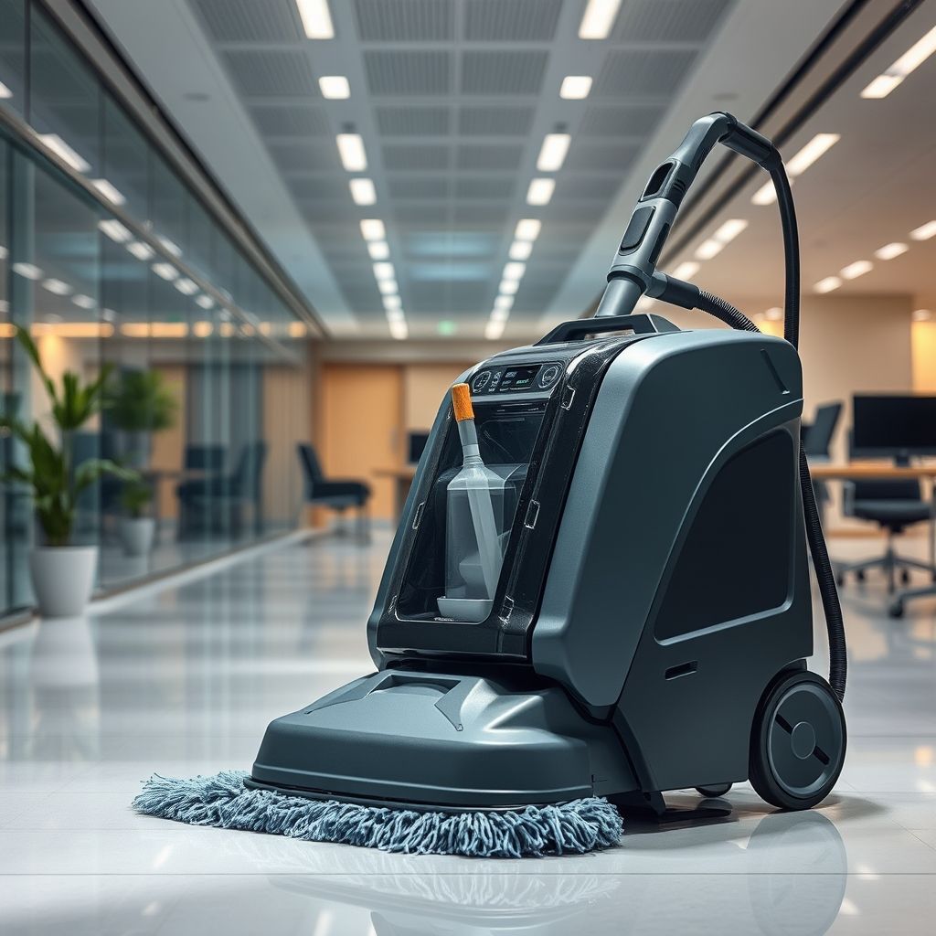 Une machine professionnelle nettoie en profondeur un sol textile dans un environnement de bureau moderne, illustrant un nettoyage efficace et respectueux.